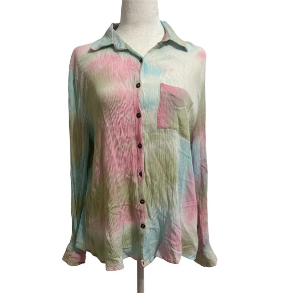 Umgee large pastel tie dye button up shirt boho crinkle pink western cottage - Picture 2 of 8